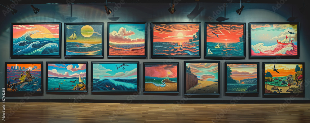 An art museum gallery wall covered with a series of paintings depicting various stylized seascapes, each framed in black. An art museum gallery wall covered with a series of paintings depicting various stylized seascapes, each framed in black.