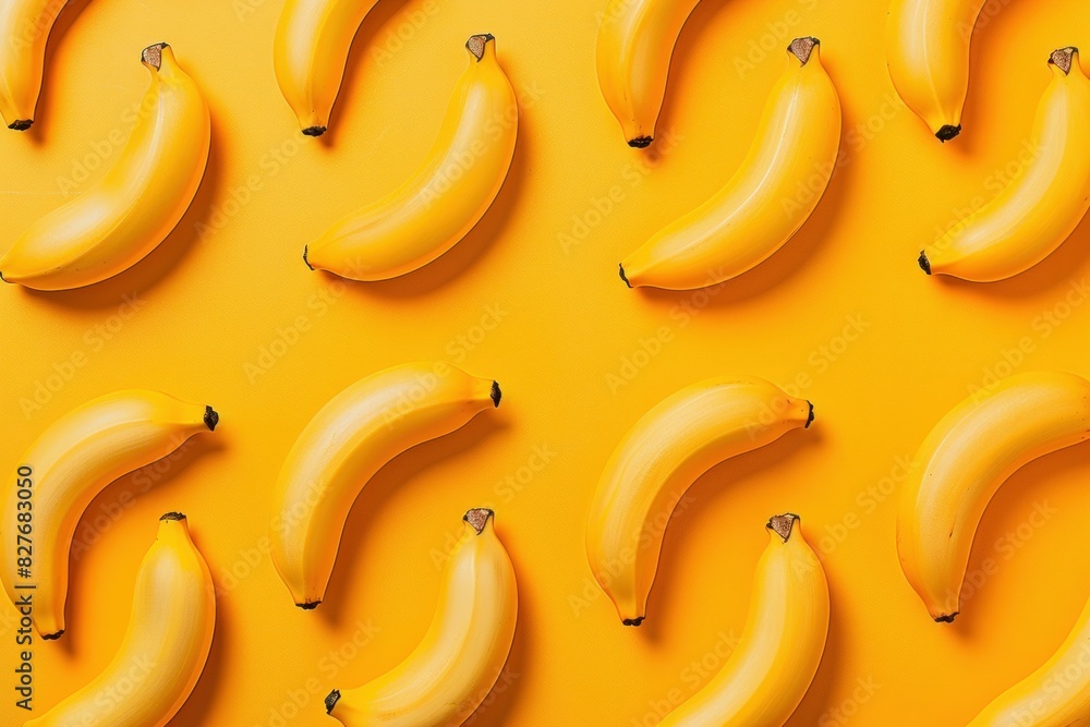Pattern of arranged bananas on yellow background with one on top of the others for a fun and tropical art display Pattern of arranged bananas on yellow background with one on top of the others for a fun and tropical art display
