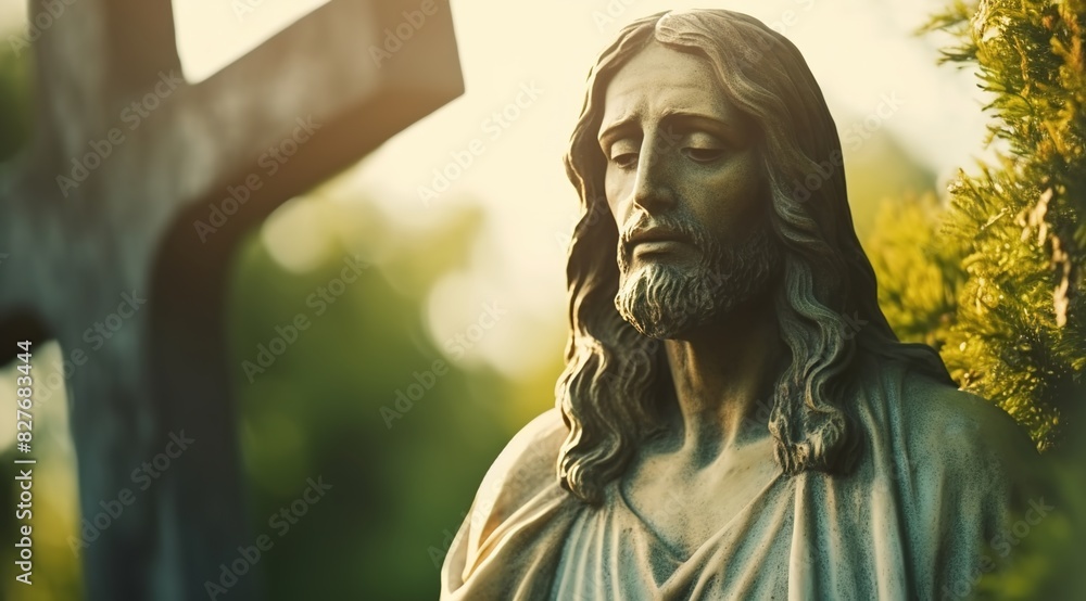 The statue of Jesus in front of the cross
The statue of Jesus in front of the cross