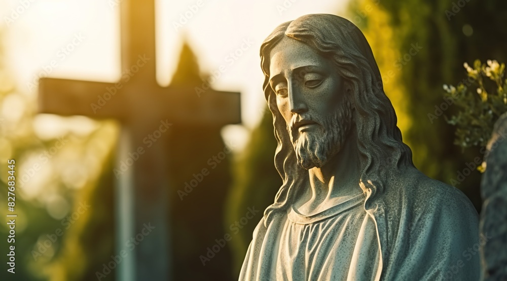 The statue of Jesus in front of the cross
The statue of Jesus in front of the cross