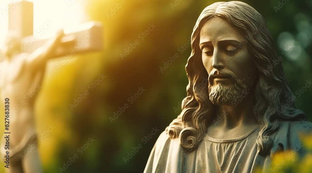 The statue of Jesus in front of the cross
The statue of Jesus in front of the cross