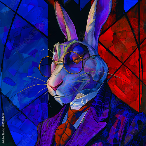 Blue and red illustration of an elegant hare wearing glasses, coat, white shirt and red tie. Geometric background