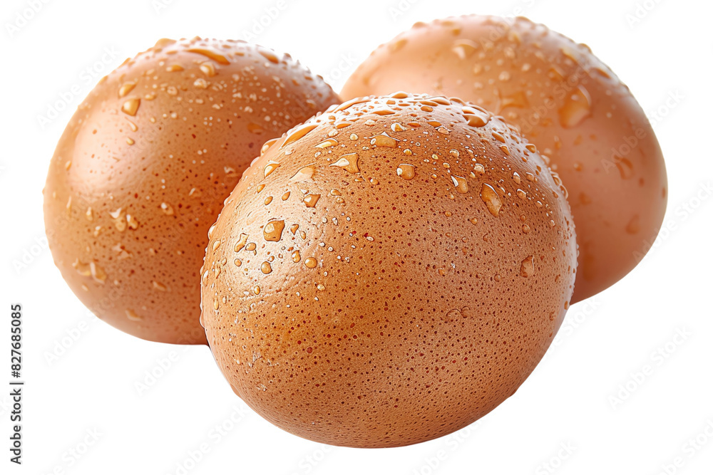 Close-up of three fresh brown eggs with water droplets, isolated on a white background, perfect for cooking and breakfast themes. Close-up of three fresh brown eggs with water droplets, isolated on a white background, perfect for cooking and breakfast themes.