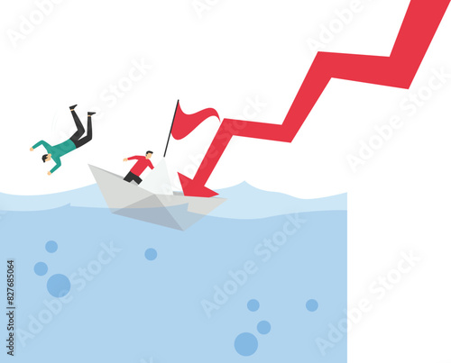 Bankrupt businessman falling off a boat. Symbol of bankruptcy, failure, recession, crisis and financial losses on stock exchange market.

