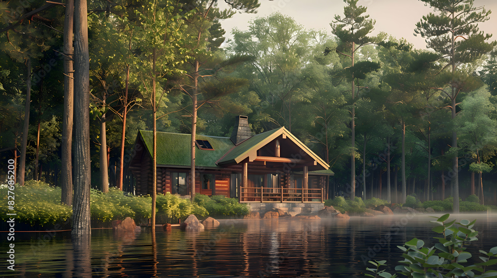 A serene lakeside cabin nestled among towering pine trees A serene lakeside cabin nestled among towering pine trees