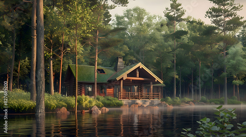A serene lakeside cabin nestled among towering pine trees © Muhammad