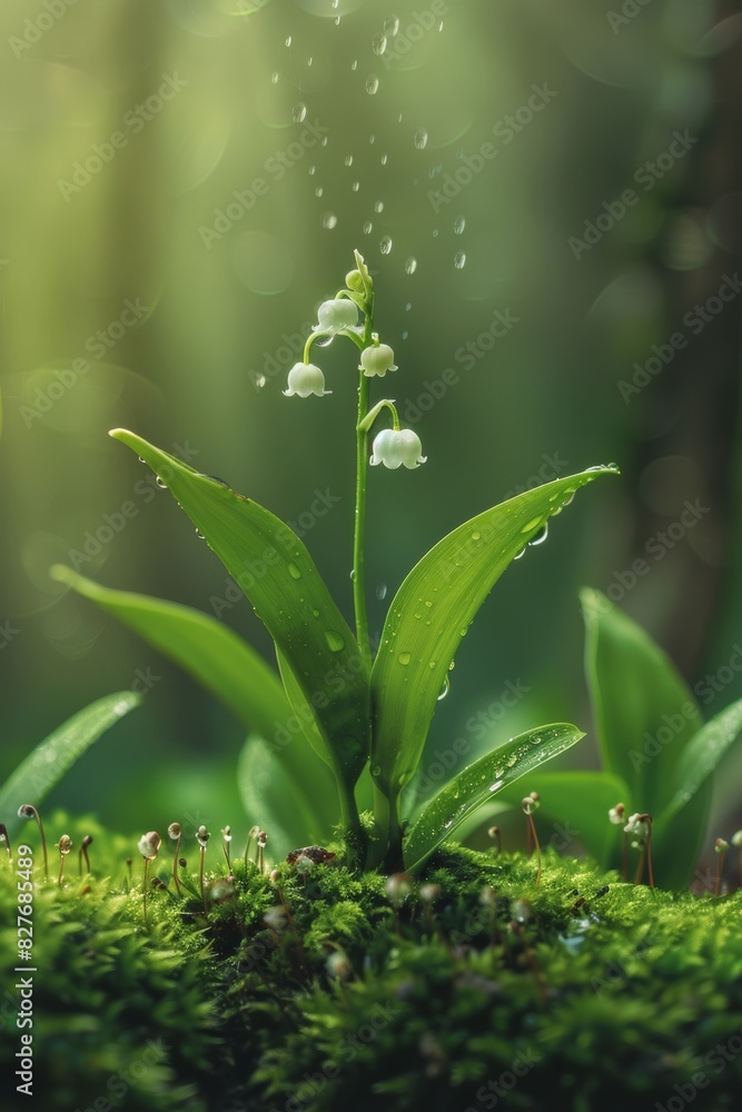 Obraz premium A lily of the valley grows on moss with green leaves and a green background. Water droplets fall from above. It is photographed with high definition macro photography. White small flowers bloom in the