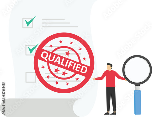 Quality Control, QC to check quality and giving certified or approval, process to assure excellence product, guarantee concept, businessman check quality with qualified checklist.

