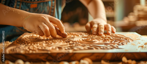 kids in a carpentry workshop doing engrave wooden floral pattern