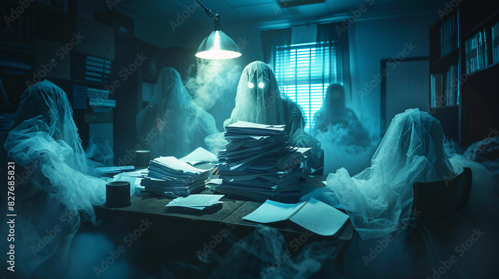 Ghostly office overtime. Eerie scene of ghosts working late in an office, buried under paperwork. Perfect for Halloween or themes of work-life balance. Ghostly office overtime. Eerie scene of ghosts working late in an office, buried under paperwork. Perfect for Halloween or themes of work-life balance.