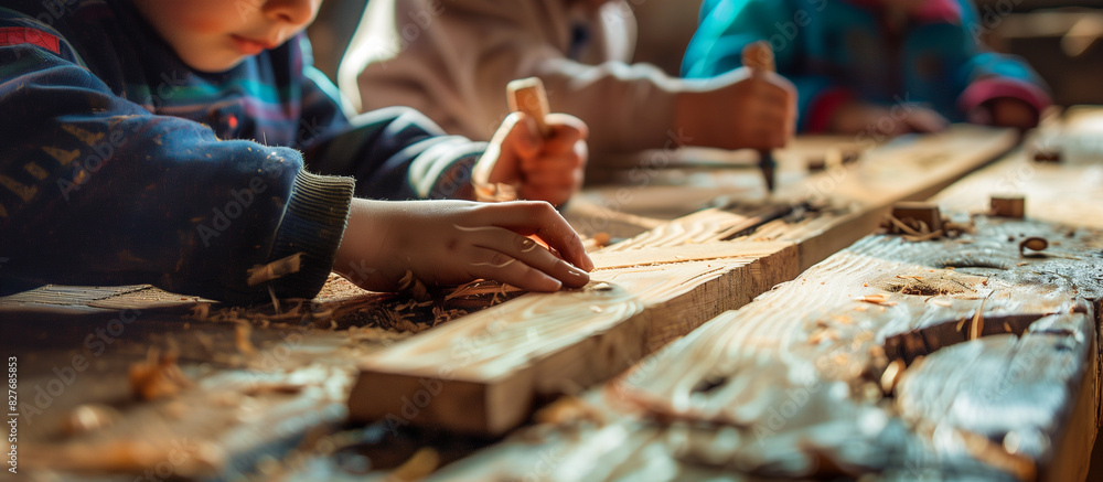 kids in a carpentry workshop doing engrave wooden floral pattern kids in a carpentry workshop doing engrave wooden floral pattern