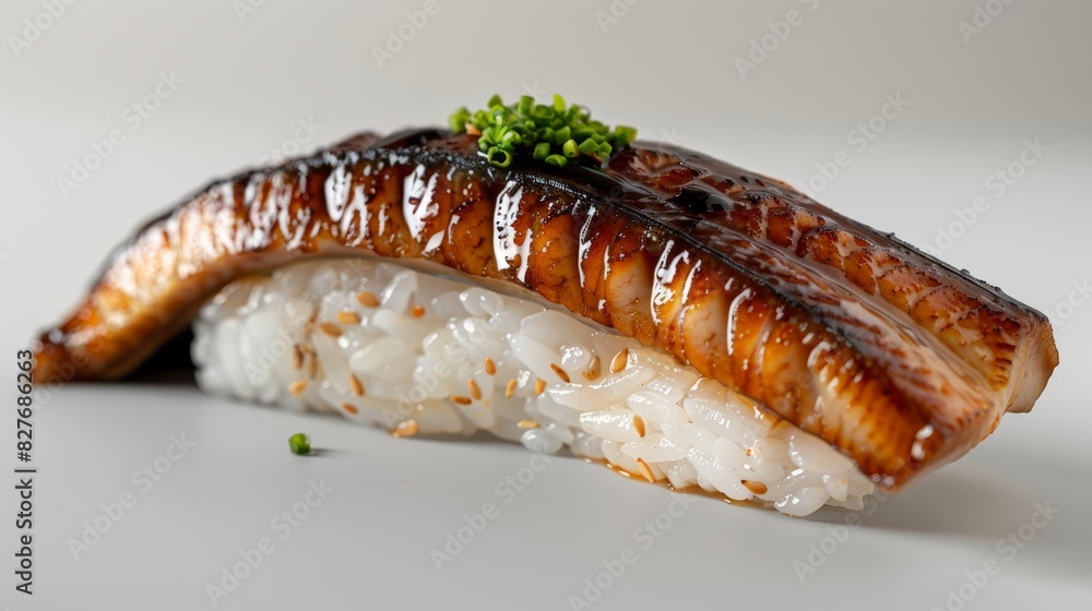 Exquisite Macro Shot of Eel Sushi Roll with Intricate Texture on White Background Under Studio Lighting Exquisite Macro Shot of Eel Sushi Roll with Intricate Texture on White Background Under Studio Lighting