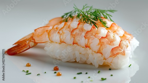 Exquisite Shrimp Nigiri Sushi Piece in Close-Up Front View on White Background - High Quality Photorealism with Canon EOS K5 85mm Lens
