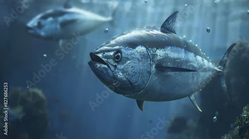 A large fish is swimming in the ocean with other fish in the background