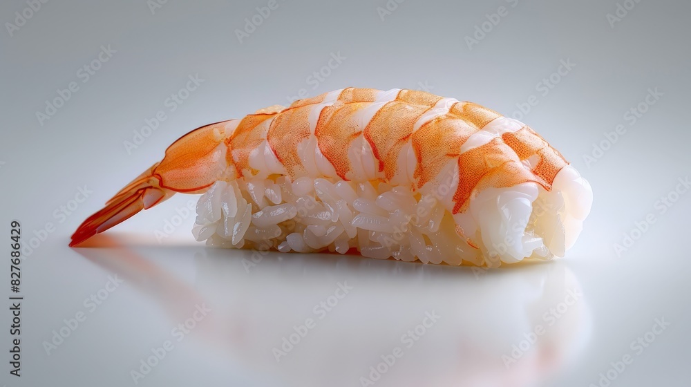 Exquisite Shrimp Nigiri Sushi Piece in Simplistic Style on White Background - High Quality Photorealistic Image Exquisite Shrimp Nigiri Sushi Piece in Simplistic Style on White Background - High Quality Photorealistic Image