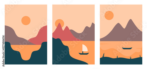 Summer nature landscape poster, cover, mountains. Summer vacation at the beach