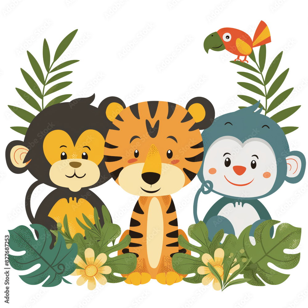 Naklejka premium Cartoon Jungle Animals with Tiger and Monkeys 