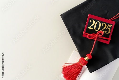 Black and red cap, diploma, and golden numbers 