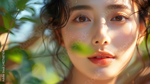 Korean Japanese person enjoying a healthy lifestyle with clear, vibrant skin. 