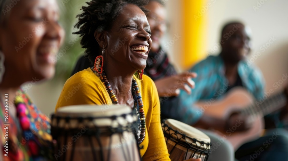 Fototapeta premium Empowerment through music therapy, showcasing diverse individuals finding healing and connection through music, in a supportive group session or community cente