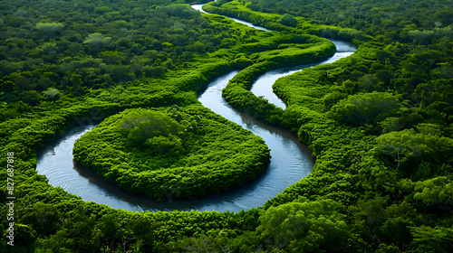 A serene river winding through a lush green forest
