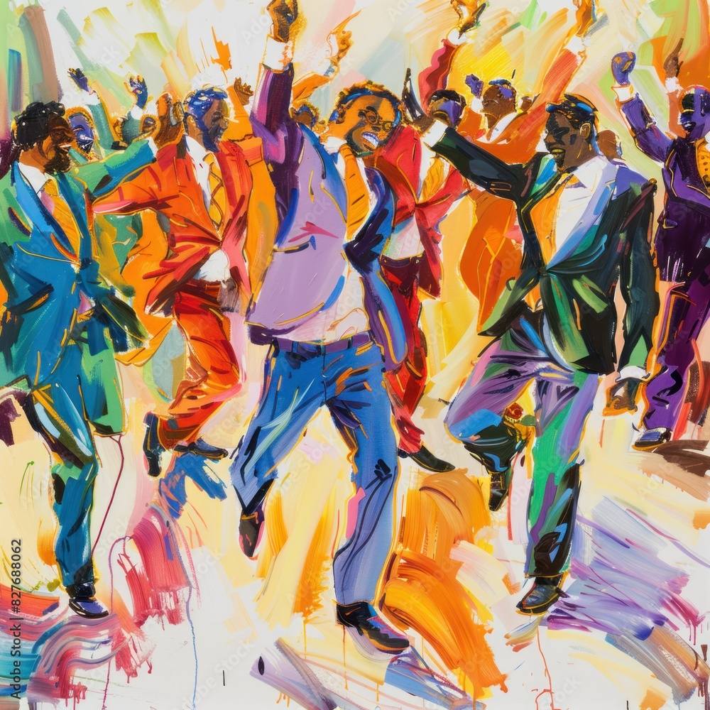 Image of colorful business suits dancing together at a lively party. The music sets an energetic tone as the group performs dance moves. Image of colorful business suits dancing together at a lively party. The music sets an energetic tone as the group performs dance moves.