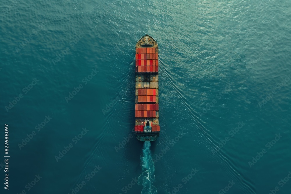 Aerial view of container ship carrying cargo for import/export on the open sea. Aerial view of container ship carrying cargo for import/export on the open sea.