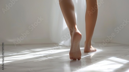 A woman's bare feet are shown on a white tile floor