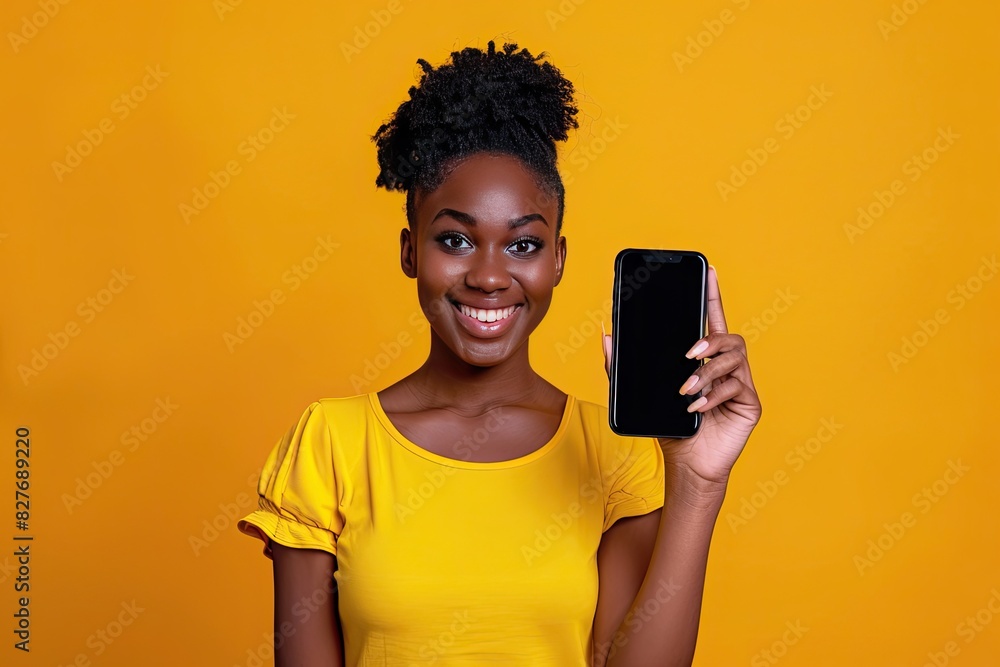 Cheerful Girl Displaying Mobile Phone on Yellow Background Cheerful Girl Displaying Mobile Phone on Yellow Background