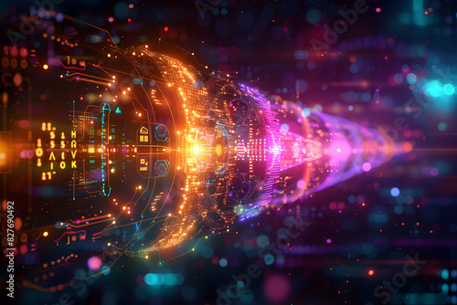 Wallpaper Mural Background with technological digital data interface elements - schematics, chains, and numbers. The color palette with cool shades of blue, purple, green and gray, modern and technological look Torontodigital.ca