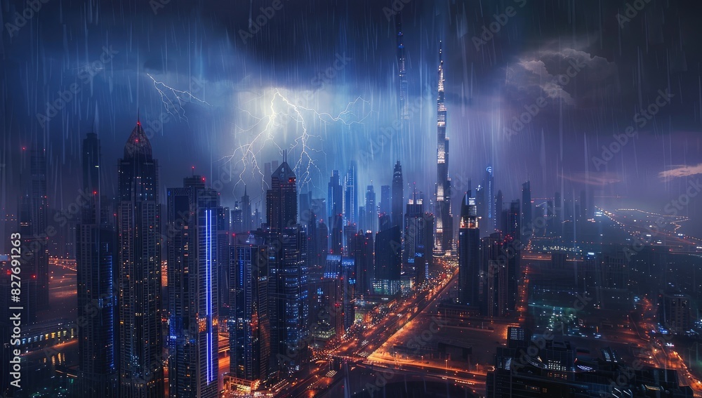 Fototapeta premium Thunderstorm and Lightning in Urban Skyline