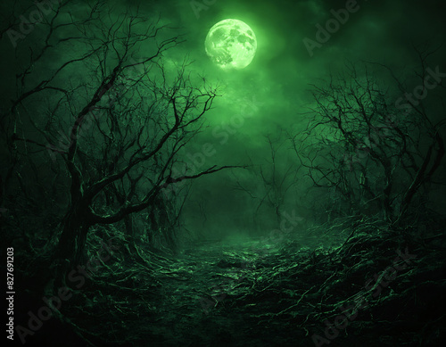 Creepy moonlit landscape with old trees. ©  Photinia Art