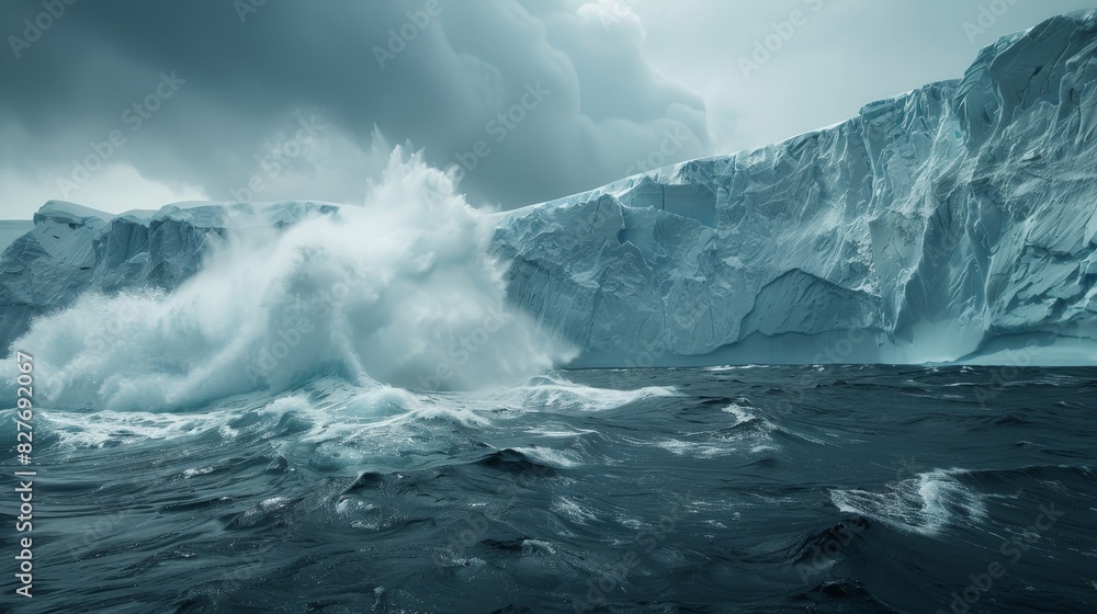 A majestic glacier calving into the sea generated by AI