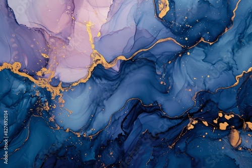 Abstract watercolor dark blue paint, pastel purple color and golden lines marbled background, AI generated