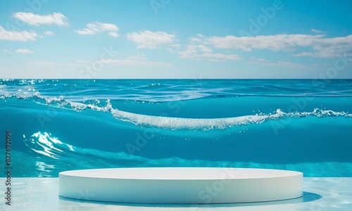 Smooth Wave-Patterned Podium in Tranquil Oceanic Watercolor Backdrop