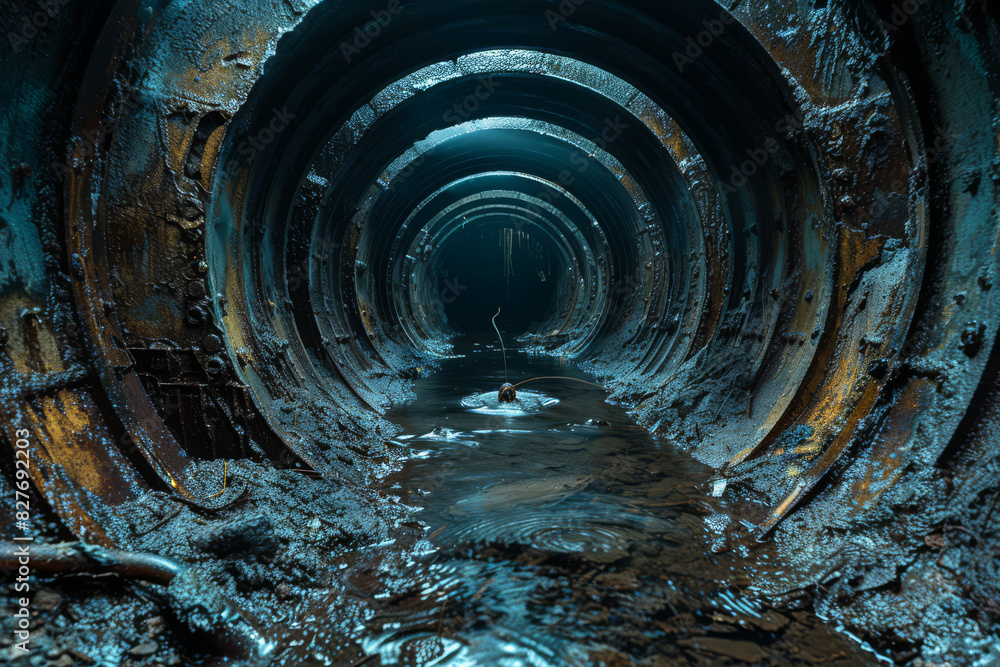 Fototapeta premium Rusty pipes line a dark and decaying underground sewer tunnel, water trickling through the damp environment