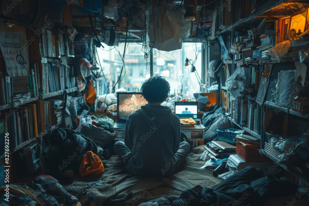 Rear view of solitary migrant sits inside a cramped, cluttered apartment filled with scattered clothing and items, immersed in computer screens Rear view of solitary migrant sits inside a cramped, cluttered apartment filled with scattered clothing and items, immersed in computer screens