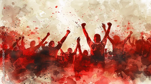 watercolor illustration of excited emotional crowd of sport fans cheering and screaming on match at stadium, the fans wearing red t-shirt generative AI
