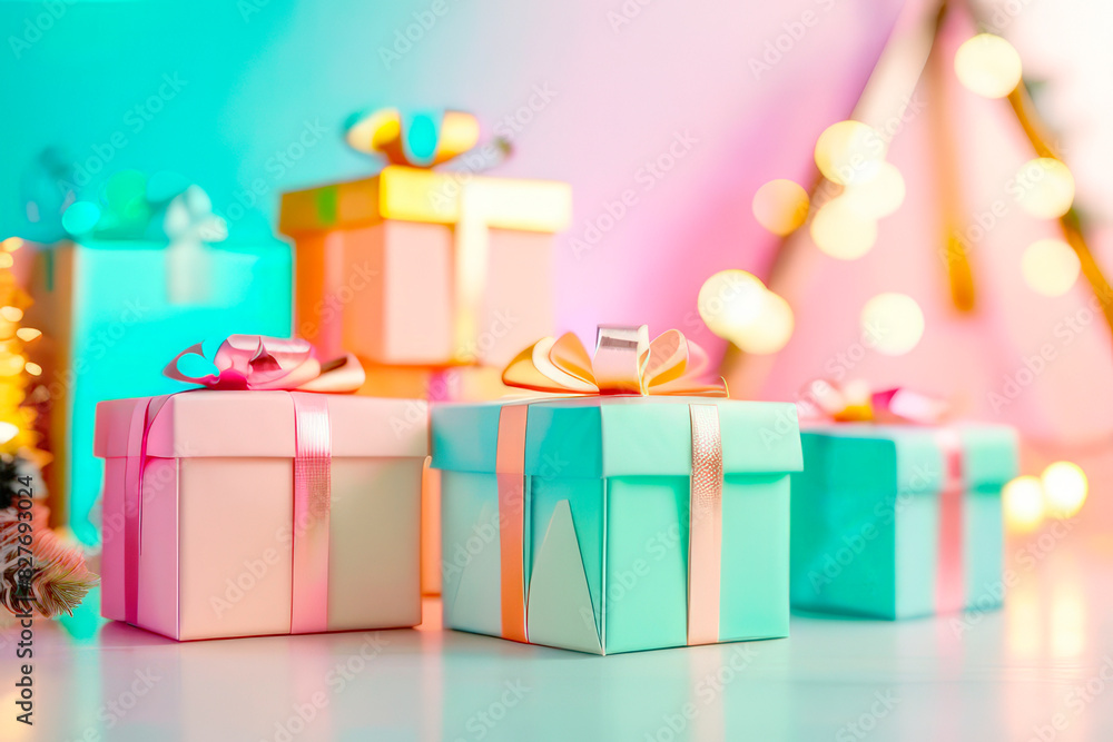 colored gift boxes with ribbon and bow on a festive background colored gift boxes with ribbon and bow on a festive background