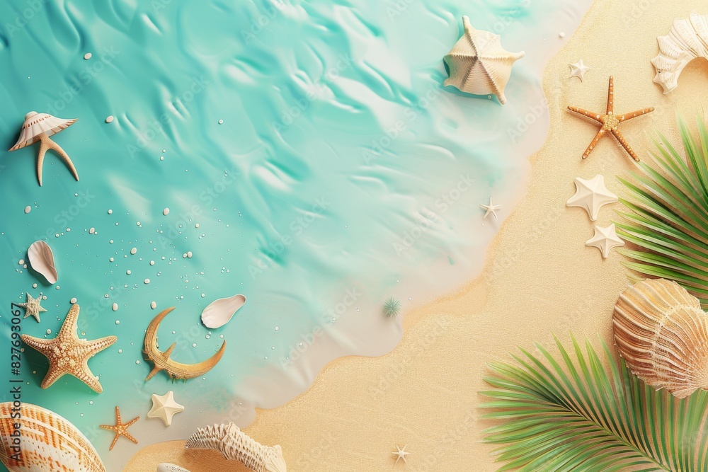 Beautifully arranged beach items with a hat on a sandy background, symbolizing summer vacations and beach joy Beautifully arranged beach items with a hat on a sandy background, symbolizing summer vacations and beach joy