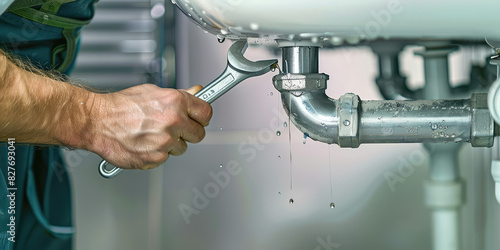 Closeup plumber hand repairing leaking pipe with metal adjustable wrench in bathroom