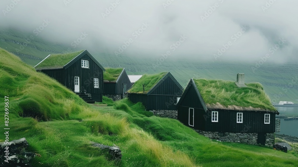 Black wooden houses with grass roof in T Alcoholen on the Faroe Islands, green landscape and foggy sky in background, summer time, photo taken from front view