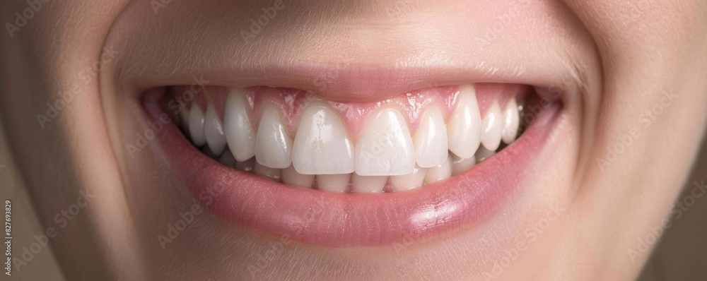 Fototapeta premium Close-up of a smiling woman's mouth with healthy white teeth and pink lips