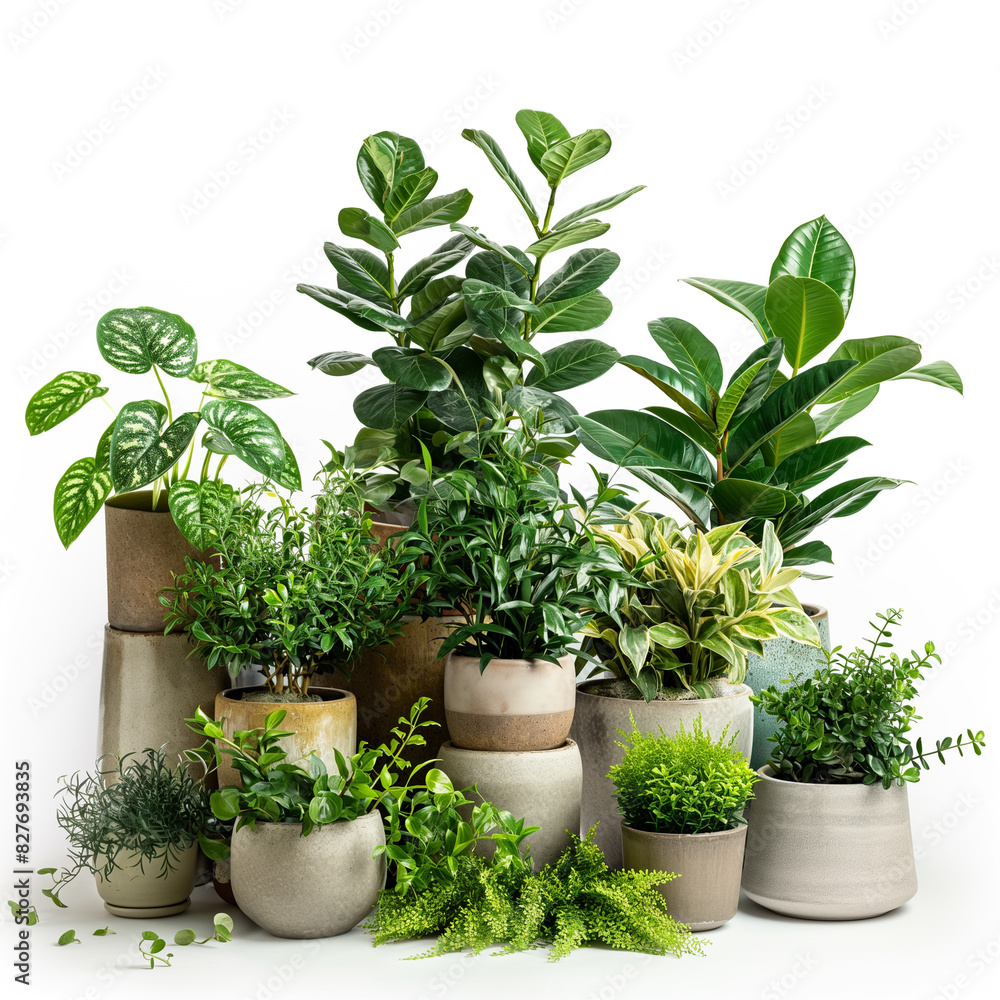 Fototapeta premium Modern indoor plants, featuring a white background without shadows, perfect for incorporating into interior design elements