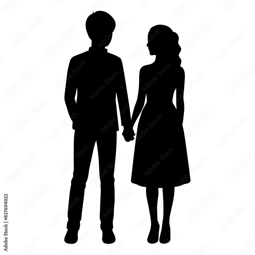 Silhouette illustration of a realistic young couple standing side by side. Silhouette illustration of a realistic young couple standing side by side.