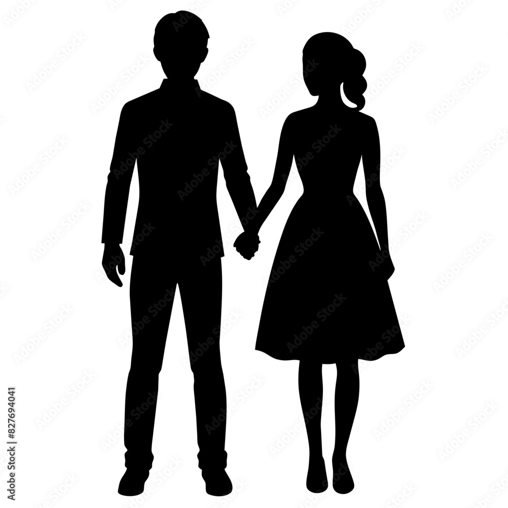 Silhouette illustration of a realistic young couple standing side by side. Silhouette illustration of a realistic young couple standing side by side.