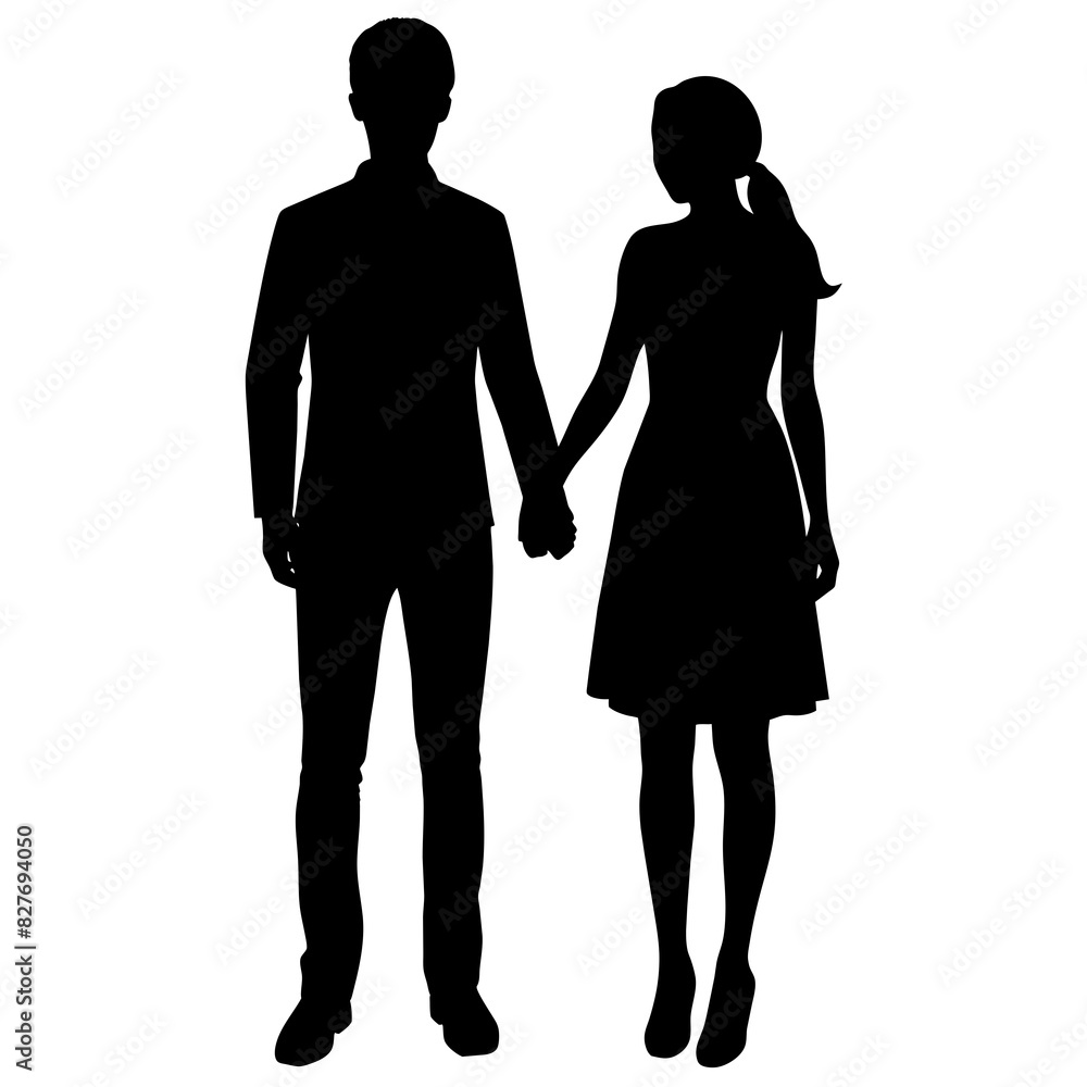 Silhouette illustration of a realistic young couple standing side by side. Silhouette illustration of a realistic young couple standing side by side.