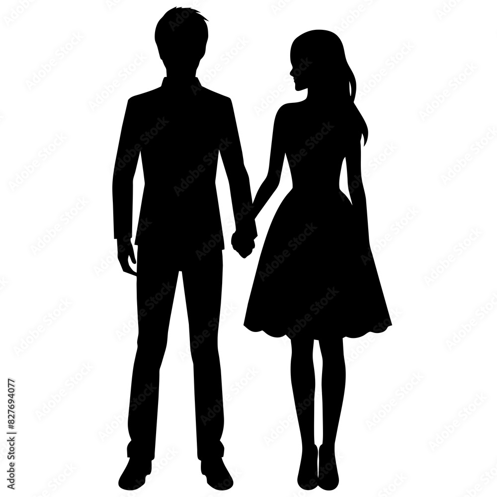 Silhouette illustration of a realistic young couple standing side by side. Silhouette illustration of a realistic young couple standing side by side.
