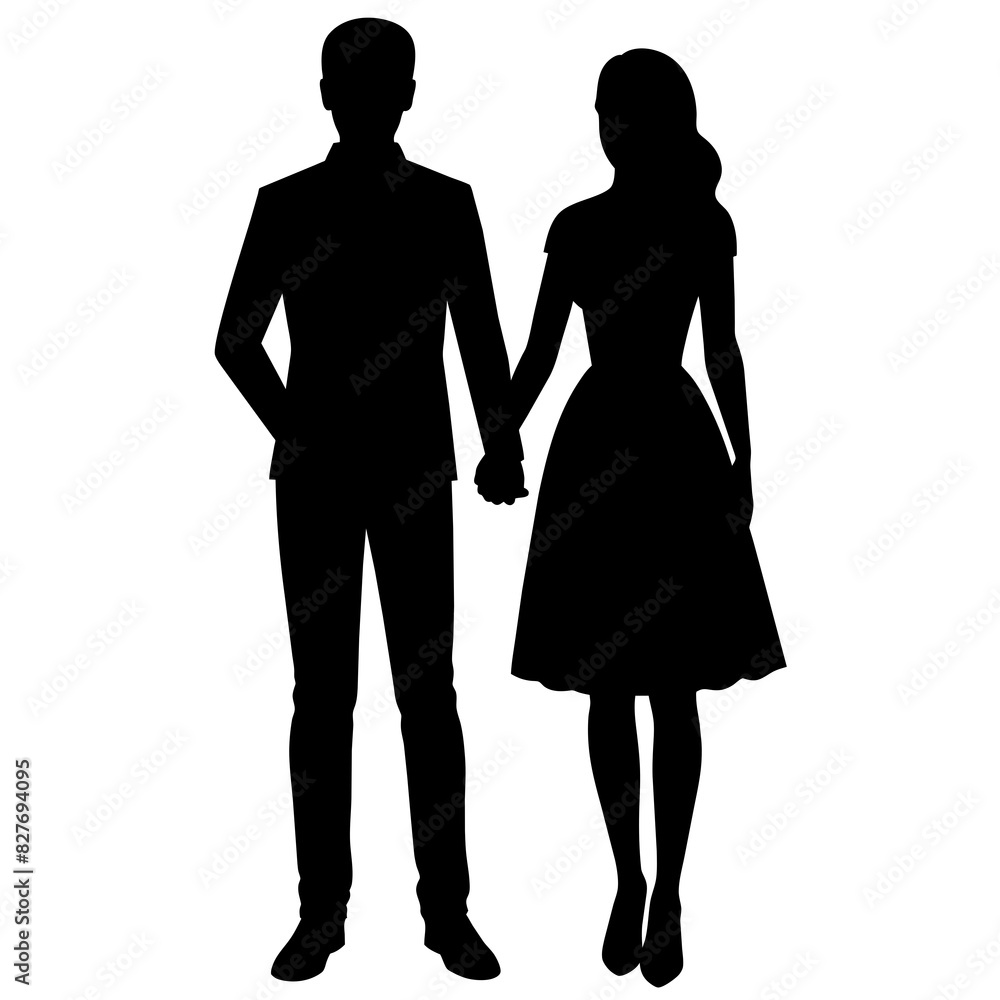 Silhouette illustration of a realistic young couple standing side by side. Silhouette illustration of a realistic young couple standing side by side.