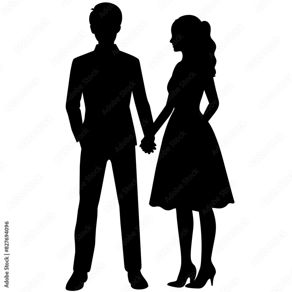 Silhouette illustration of a realistic young couple standing side by side. Silhouette illustration of a realistic young couple standing side by side.